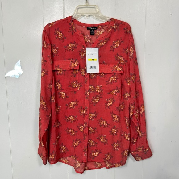 BYdesign Womens Coral Floral Print Button Down Long Sleeve Shirt Size Medium - Picture 1 of 10